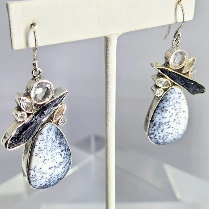 ?ALl in Black & White’ 2.25’’ Earrings - Dendritic Opal Kyanite Topaz Sterling