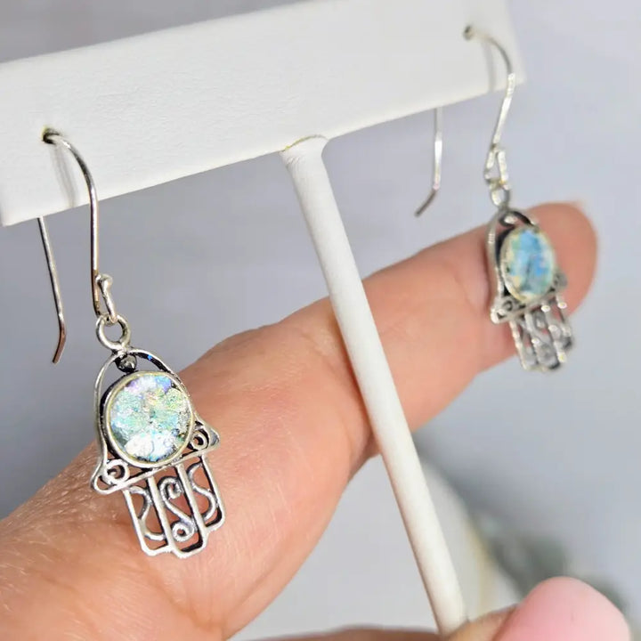?ANcient Roman Glass Hamsa’ 1.5’’ Earrings - Ancient Sterling