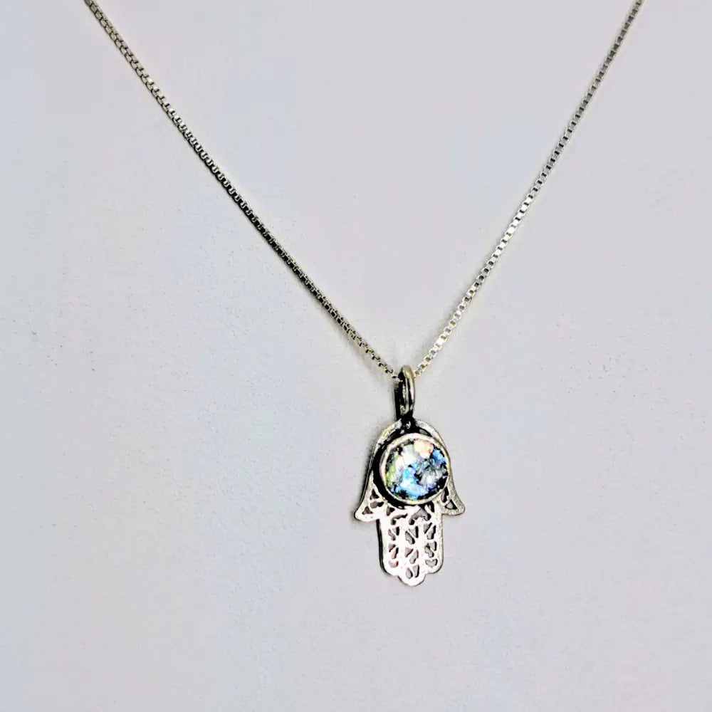?ANcient Roman Glass Hamsa’ 18’’ Pendant Necklace - Ancient Sterling