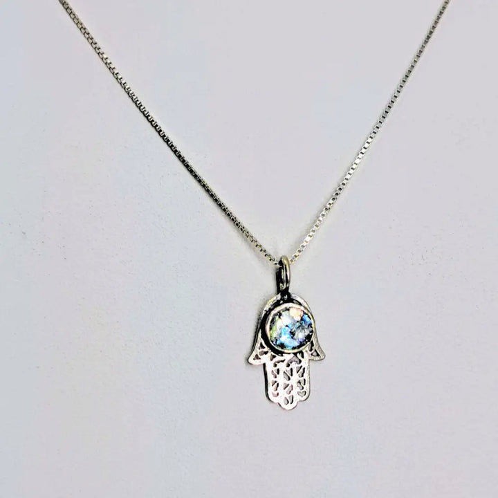 ?ANcient Roman Glass Hamsa’ 18’’ Pendant Necklace - Ancient Sterling