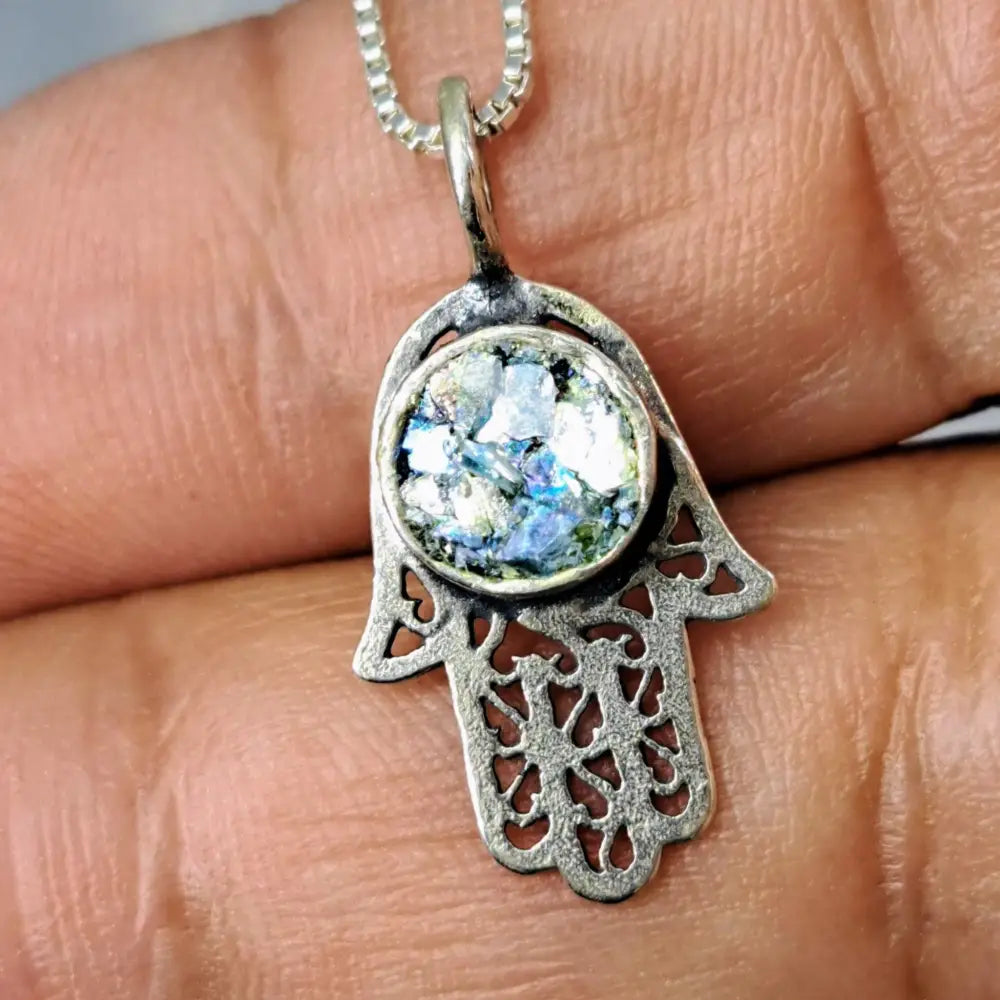 ?ANcient Roman Glass Hamsa’ 18’’ Pendant Necklace - Ancient Sterling
