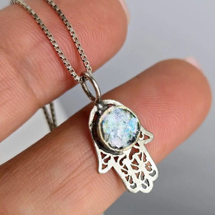 ?ANcient Roman Glass Hamsa’ 18’’ Pendant Necklace - Ancient Sterling