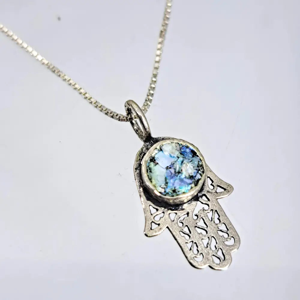 ?ANcient Roman Glass Hamsa’ 18’’ Pendant Necklace - Ancient Sterling