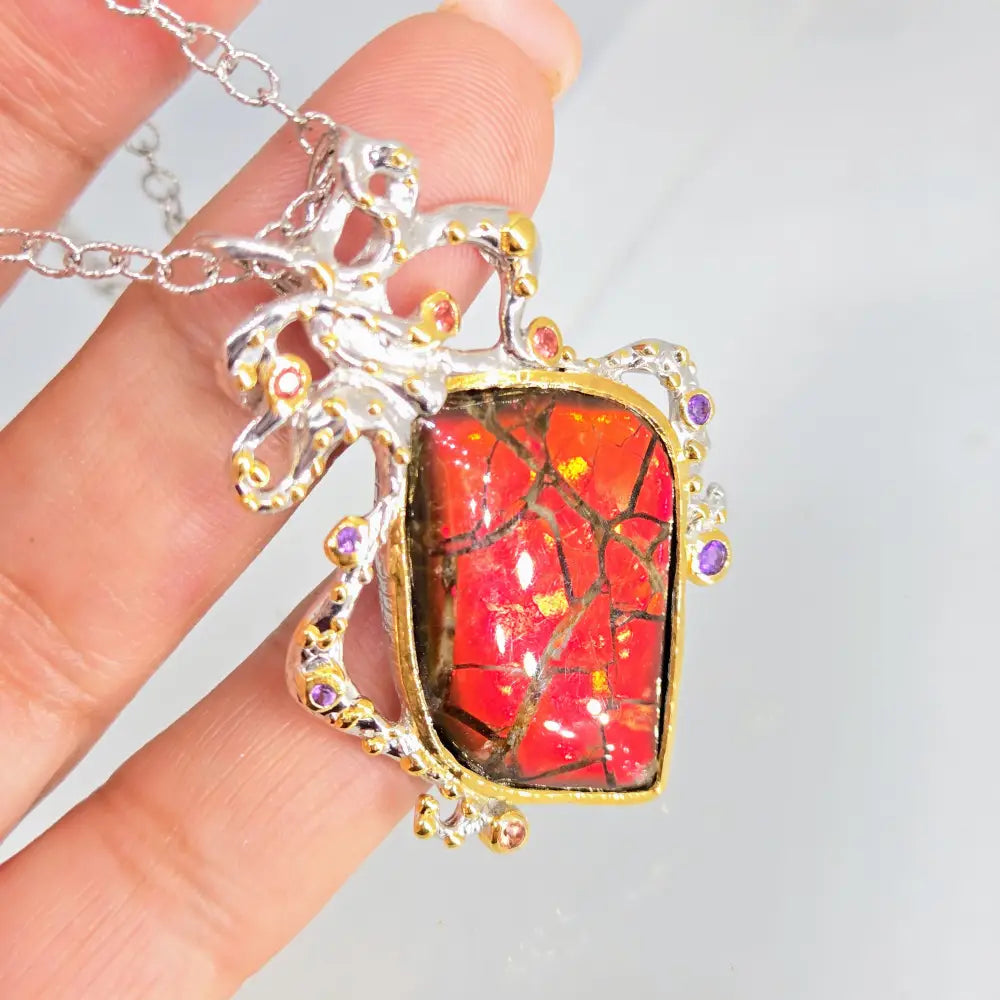 ?ANcient Wisdom’ Pendant Necklace -ammolite Sapphire Amethyst Anti-tarnish Sterling 18k Gold Accents