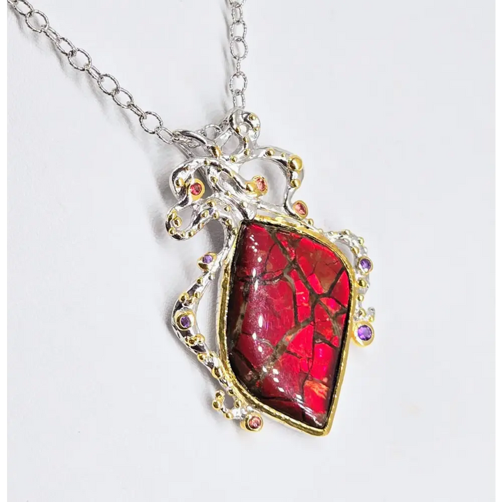 ?ANcient Wisdom’ Pendant Necklace -ammolite Sapphire Amethyst Anti-tarnish Sterling 18k Gold Accents