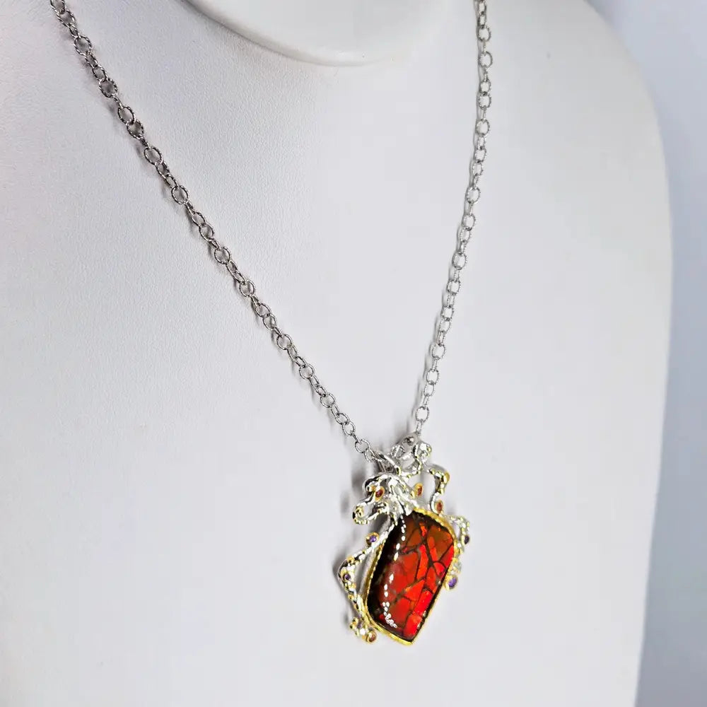 ?ANcient Wisdom’ Pendant Necklace -ammolite Sapphire Amethyst Anti-tarnish Sterling 18k Gold Accents
