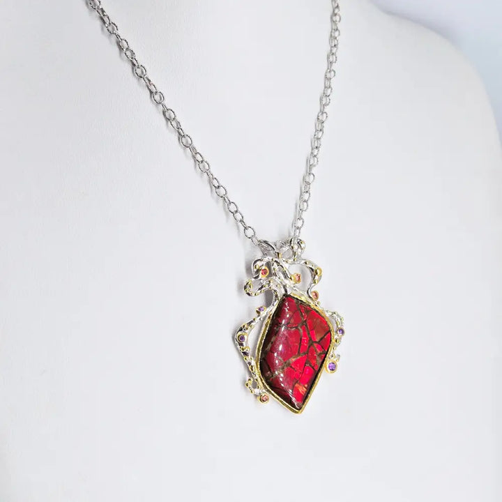 ?ANcient Wisdom’ Pendant Necklace -ammolite Sapphire Amethyst Anti-tarnish Sterling 18k Gold Accents