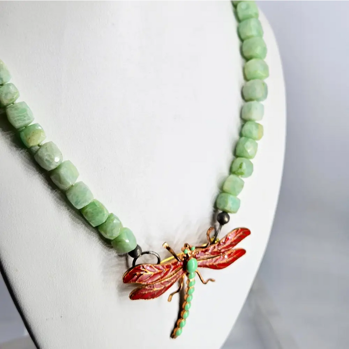 ?ANgel Fly’ Convertible Necklace/brooch - Amazonite Black Sterling Bronze Enamel - 22’’ - Necklace