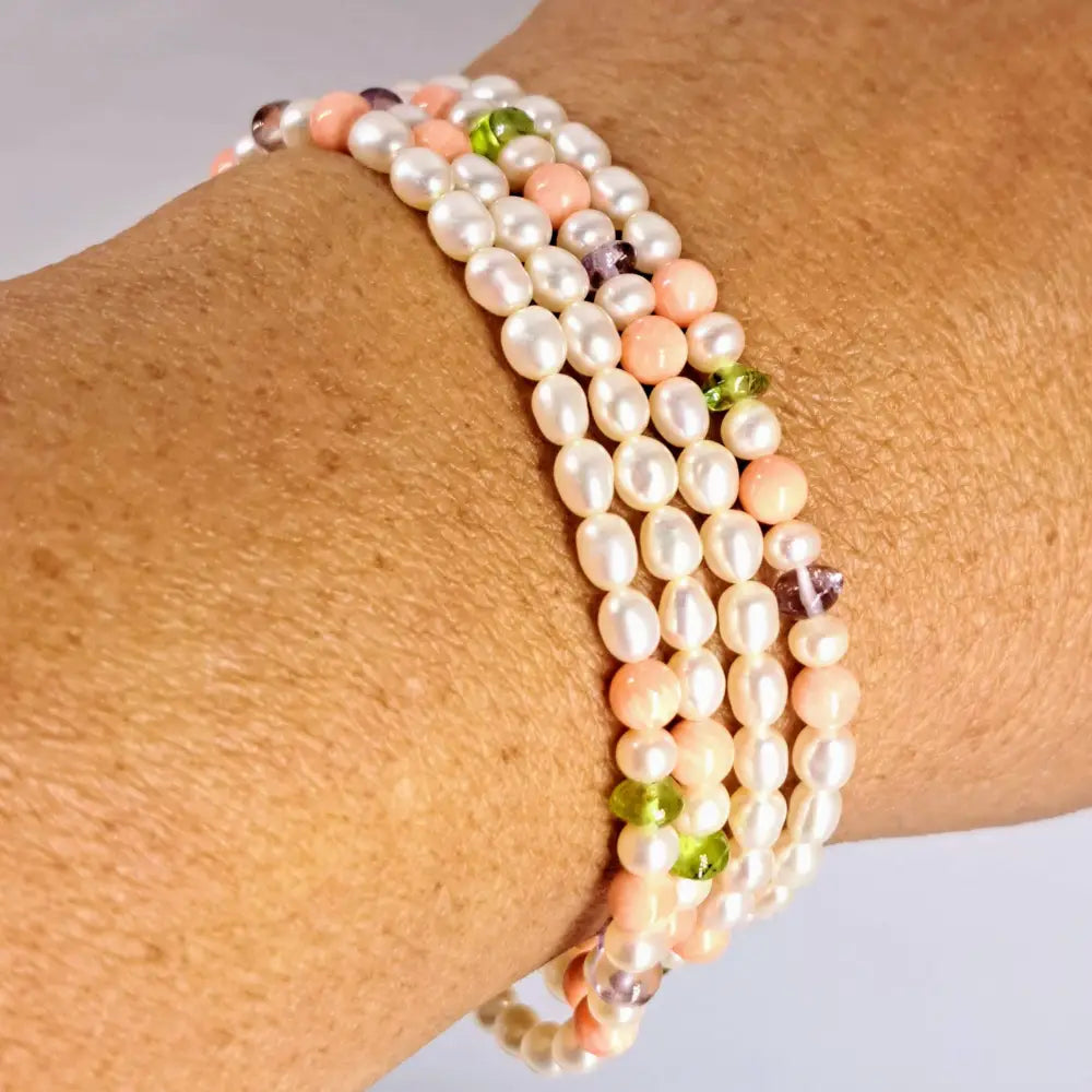 ?ANgel Food’ 28’’ Convertible Necklace/bracelet - Pearls Coral Amethyst Peridot Sterling - Necklace