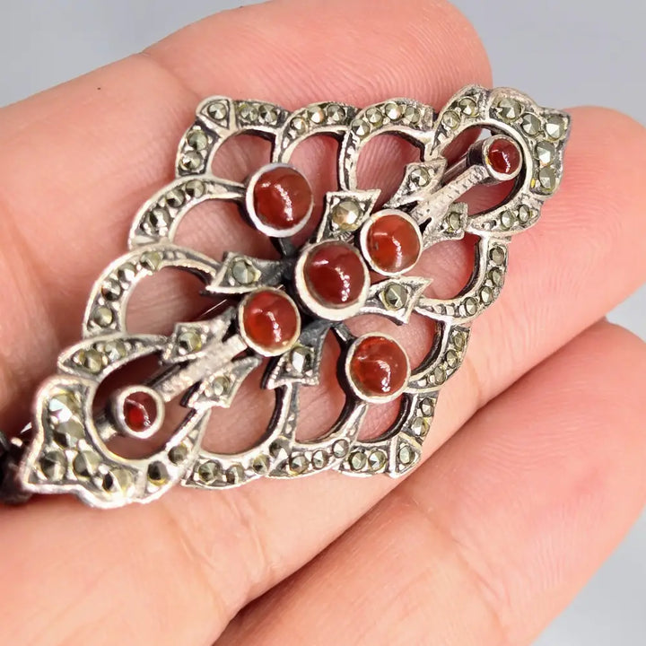 ?ANnie Hall’s Favorite’ 1’’ x 2’’ Brooch/pearl Enhancer - Carnelian Marcasite Sterling - Brooch