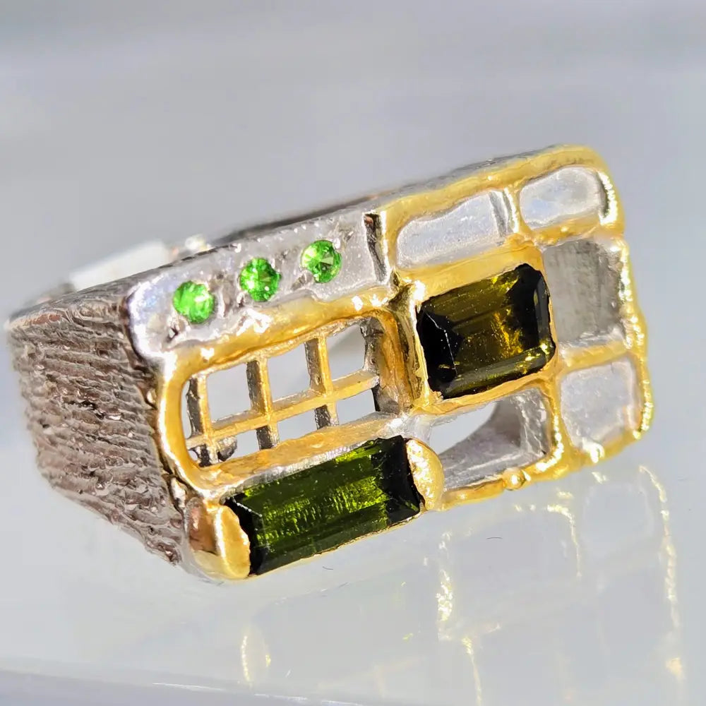 ?ANother one Opens’ Sz 8 Ring - Emerald Tourmaline Sterling 18k Gold