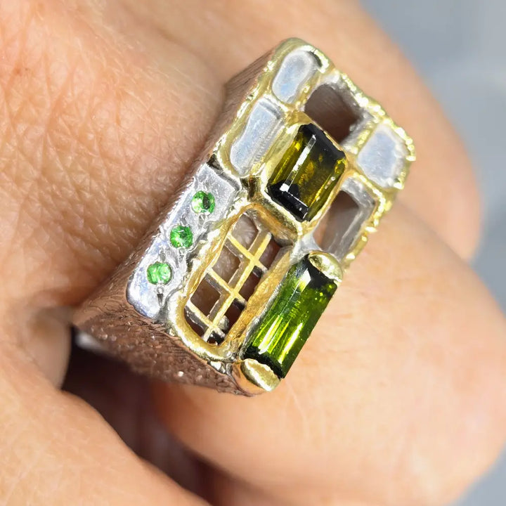?ANother one Opens’ Sz 8 Ring - Emerald Tourmaline Sterling 18k Gold