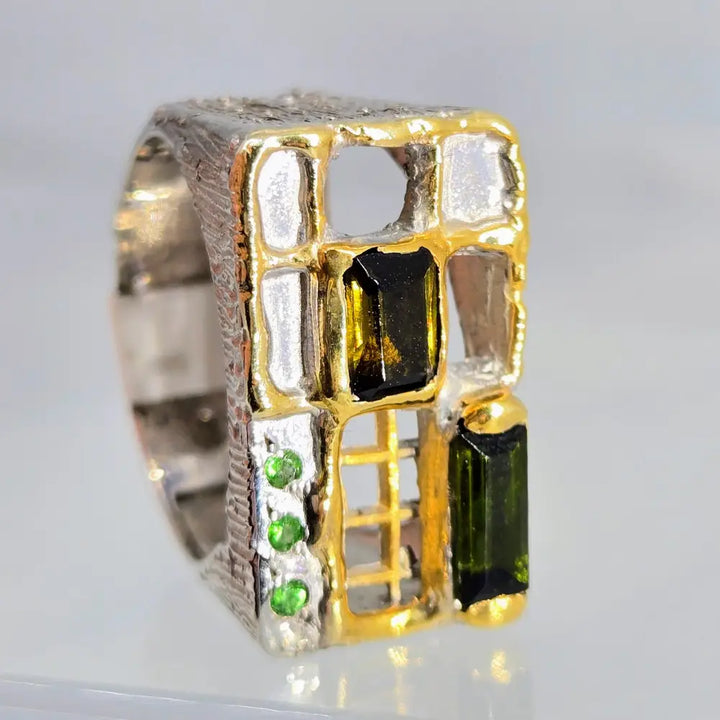 ?ANother one Opens’ Sz 8 Ring - Emerald Tourmaline Sterling 18k Gold