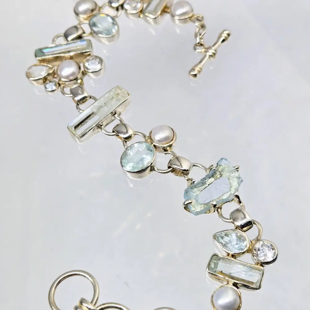 ?AQua Fina’ 7.5’’ - 8.5’’ Bracelet -aquamarine Topaz Pearl Sterling
