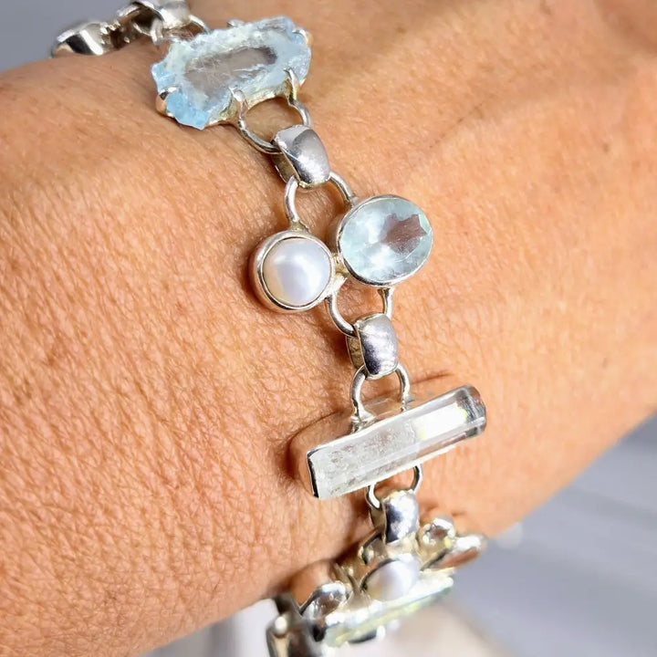 ?AQua Fina’ 7.5’’ - 8.5’’ Bracelet -aquamarine Topaz Pearl Sterling
