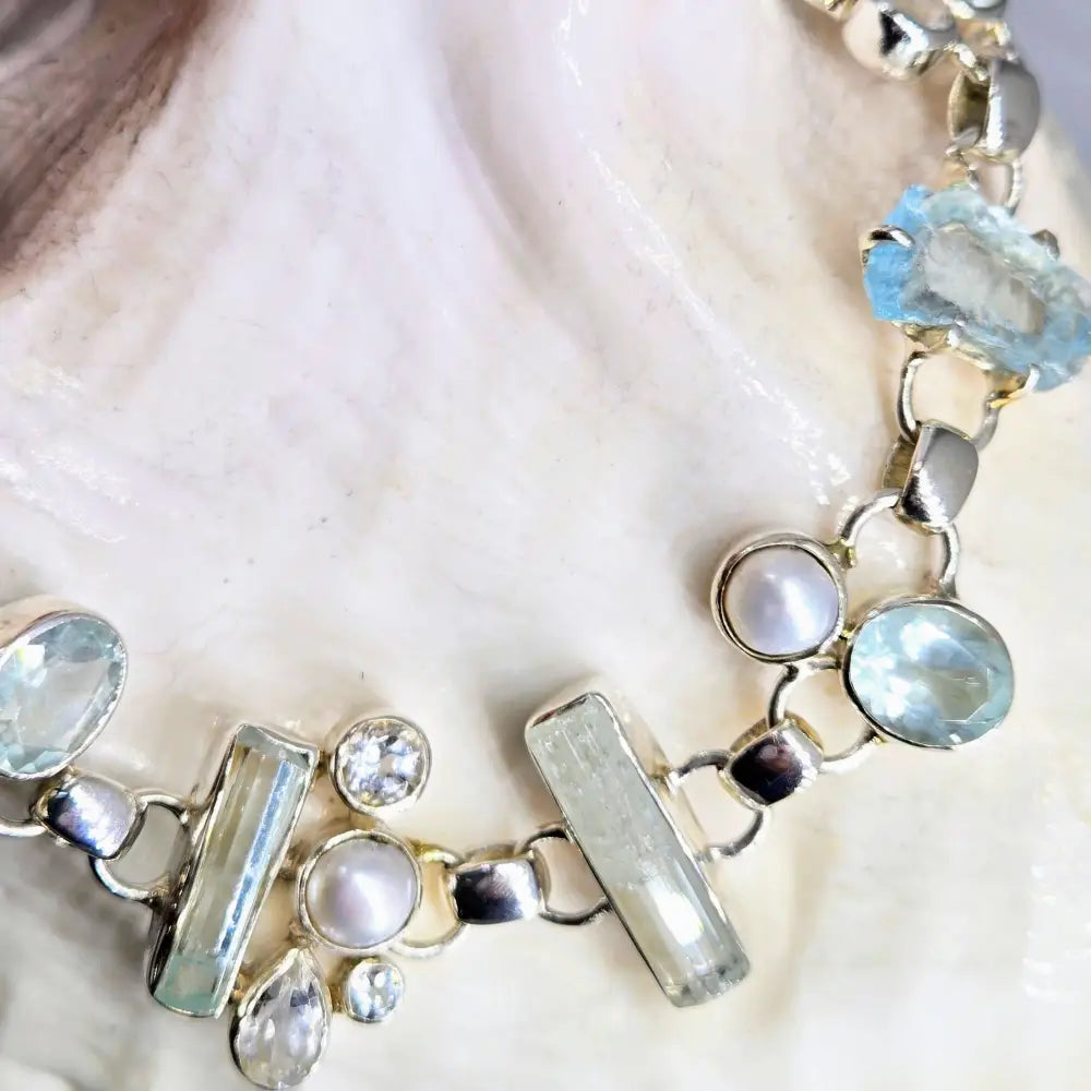 ?AQua Fina’ 7.5’’ - 8.5’’ Bracelet -aquamarine Topaz Pearl Sterling
