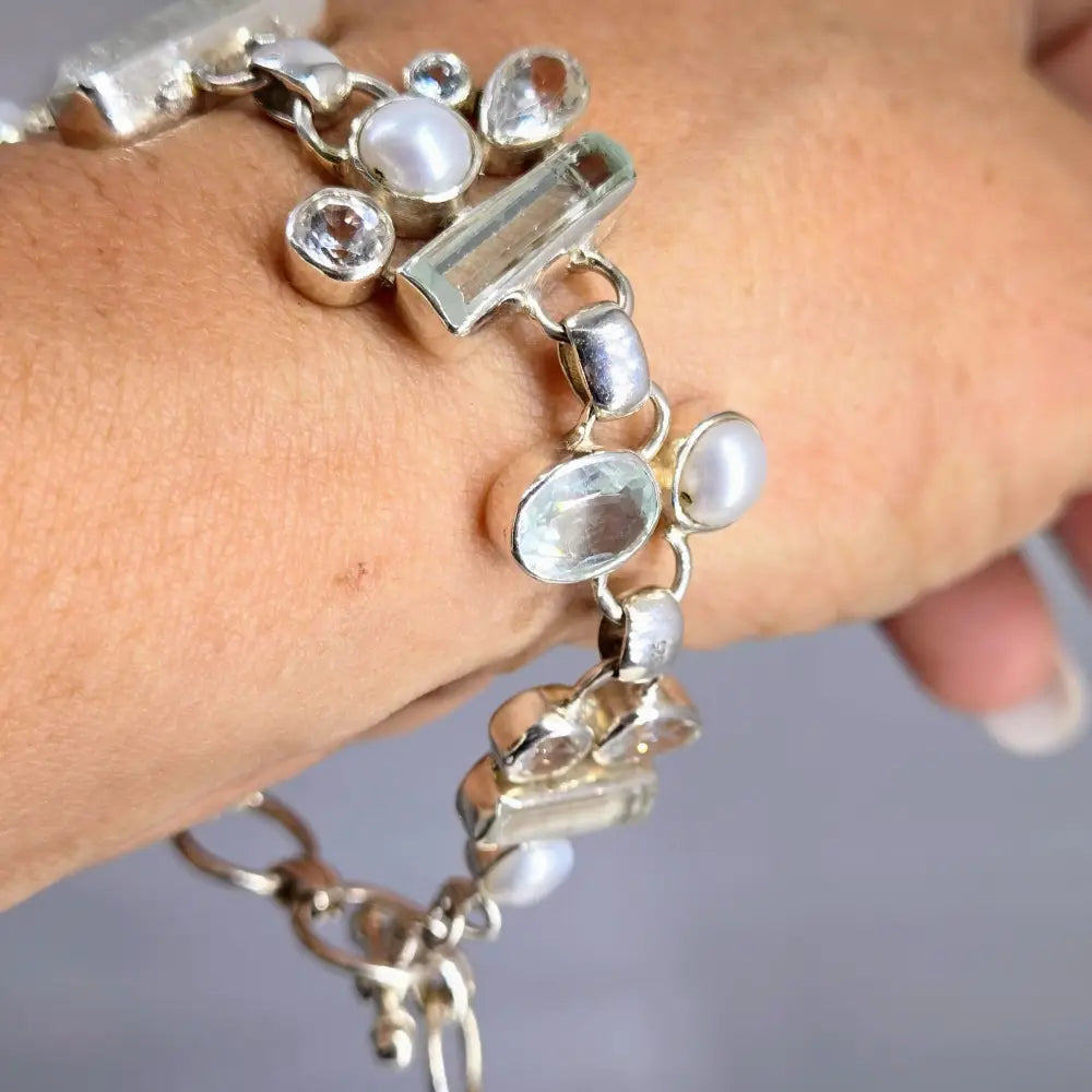 ?AQua Fina’ 7.5’’ - 8.5’’ Bracelet -aquamarine Topaz Pearl Sterling
