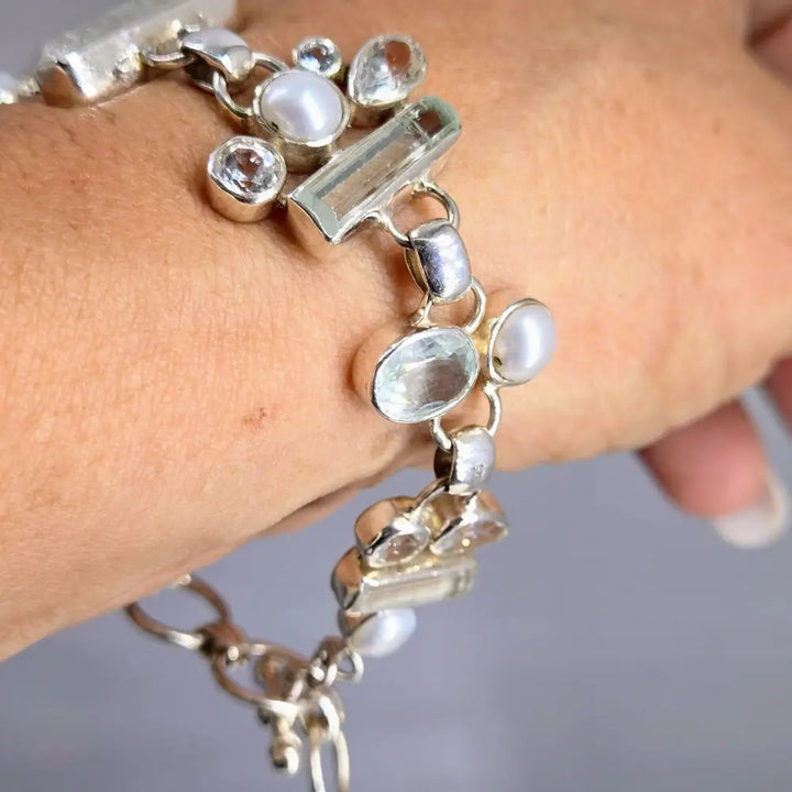 ?AQua Fina’ 7.5’’ - 8.5’’ Bracelet -aquamarine Topaz Pearl Sterling