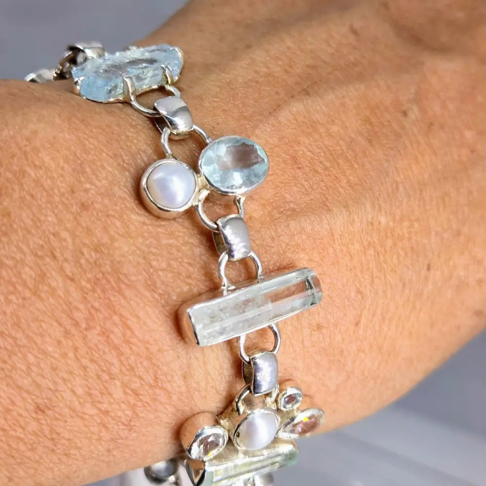 ?AQua Fina’ 7.5’’ - 8.5’’ Bracelet -aquamarine Topaz Pearl Sterling