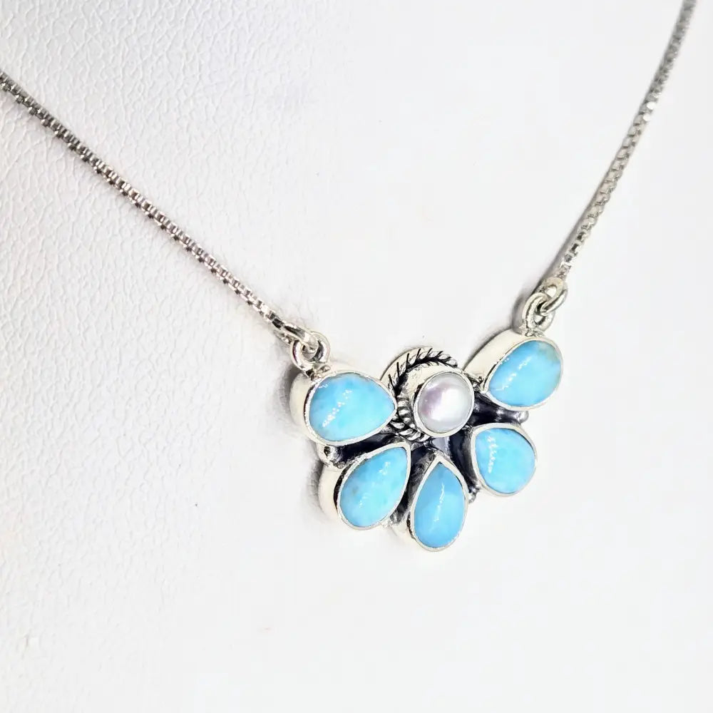 ?AQua Flora’ 15’’ - 19’’ Necklace - Larimar Pearl Anti-tarnish Sterling