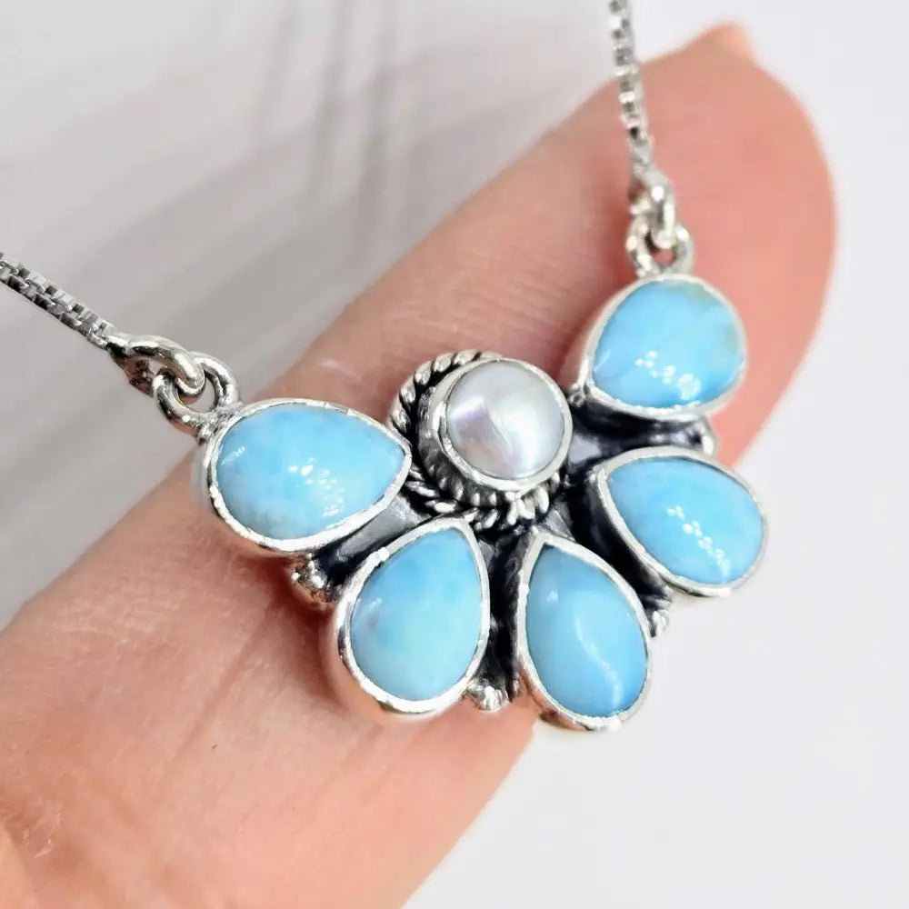 ?AQua Flora’ 15’’ - 19’’ Necklace - Larimar Pearl Anti-tarnish Sterling