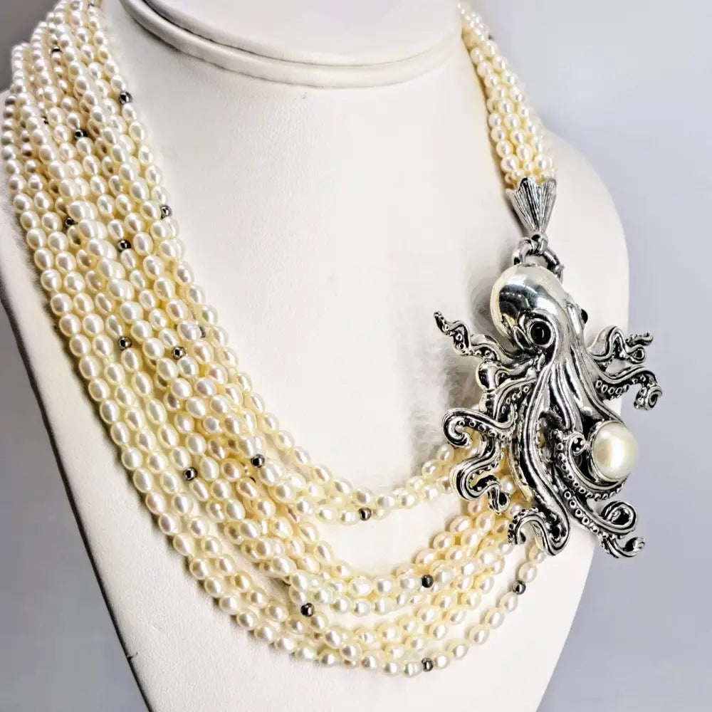 ?AQua Luxe’ Convertible Pendant Necklace - Pearls Onyx Sterling - with 10-strand Seed Pearl