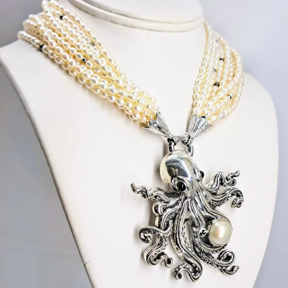 ?AQua Luxe’ Convertible Pendant Necklace - Pearls Onyx Sterling - with 10-strand Seed Pearl