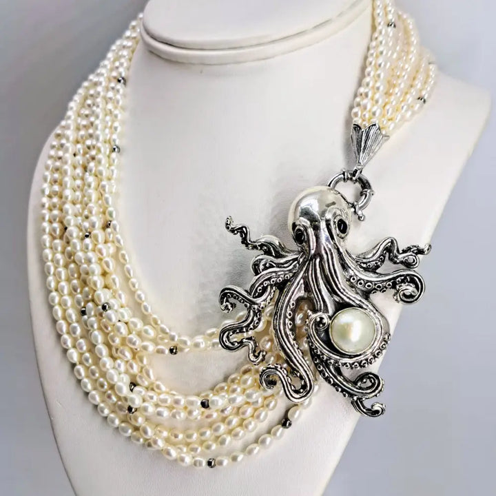 ?AQua Luxe’ Convertible Pendant Necklace - Pearls Onyx Sterling - with 10-strand Seed Pearl