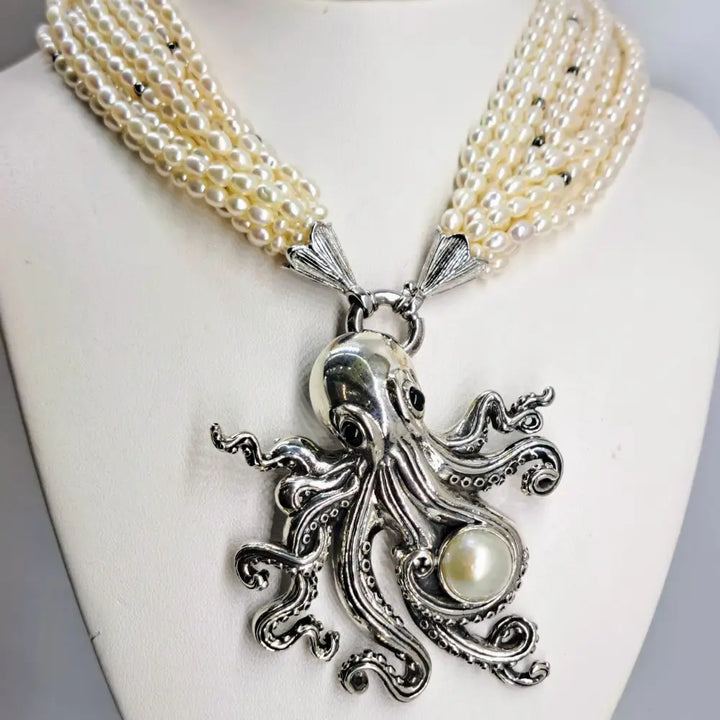 ?AQua Luxe’ Convertible Pendant Necklace - Pearls Onyx Sterling - with 10-strand Seed Pearl