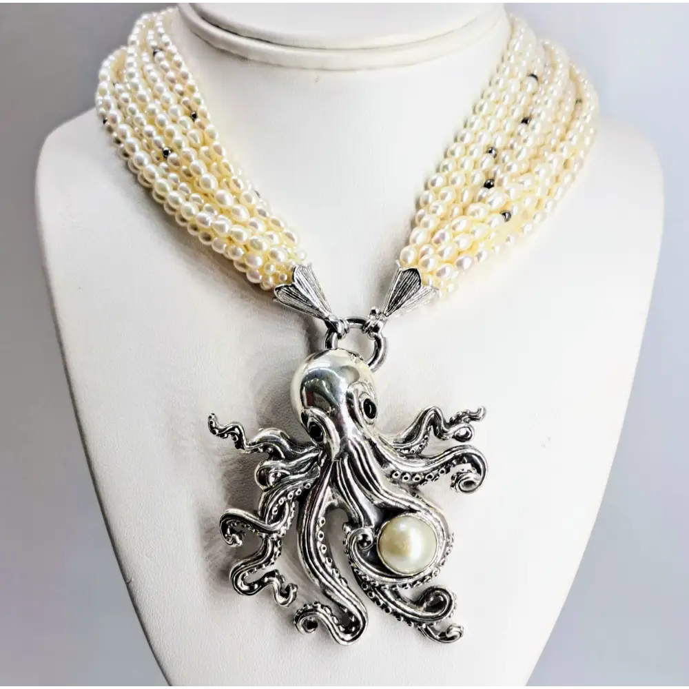 ?AQua Luxe’ Convertible Pendant Necklace - Pearls Onyx Sterling - with 10-strand Seed Pearl