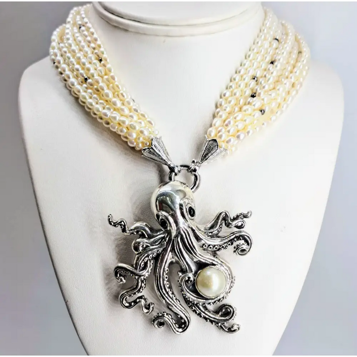 ?AQua Luxe’ Convertible Pendant Necklace - Pearls Onyx Sterling - with 10-strand Seed Pearl