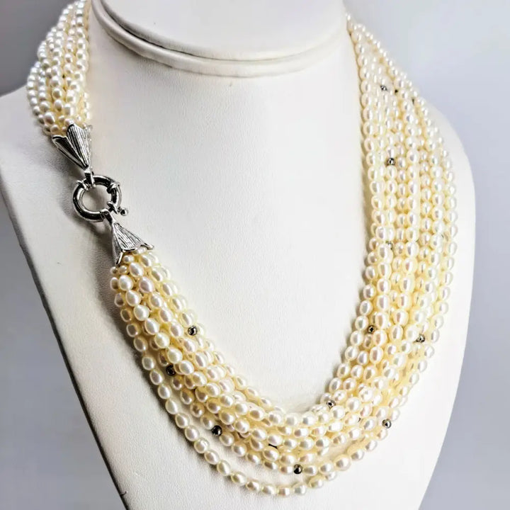 ?AQua Luxe’ Convertible Pendant Necklace - Pearls Onyx Sterling - with 10-strand Seed Pearl