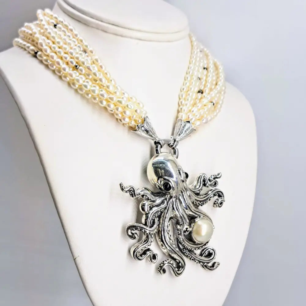 ?AQua Luxe’ Convertible Pendant Necklace - Pearls Onyx Sterling - with 10-strand Seed Pearl