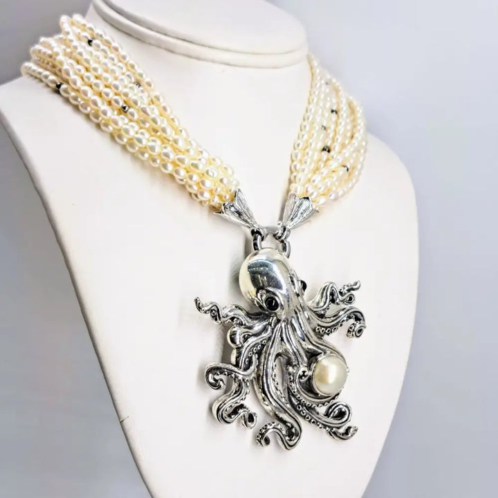 ?AQua Luxe’ Convertible Pendant Necklace - Pearls Onyx Sterling - with 10-strand Seed Pearl