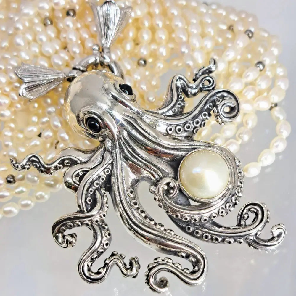?AQua Luxe’ Convertible Pendant Necklace - Pearls Onyx Sterling - with 10-strand Seed Pearl