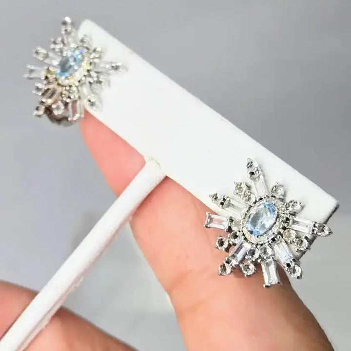 ?AQuamarine Starburst’ Earrings - Aquamarine Diamonds Anti-tarnish Sterling