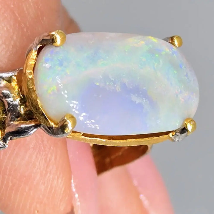 ?AUrora Borealis’ Sz 8.5 Ring - Australian Opal Sterling 18k Gold Accents