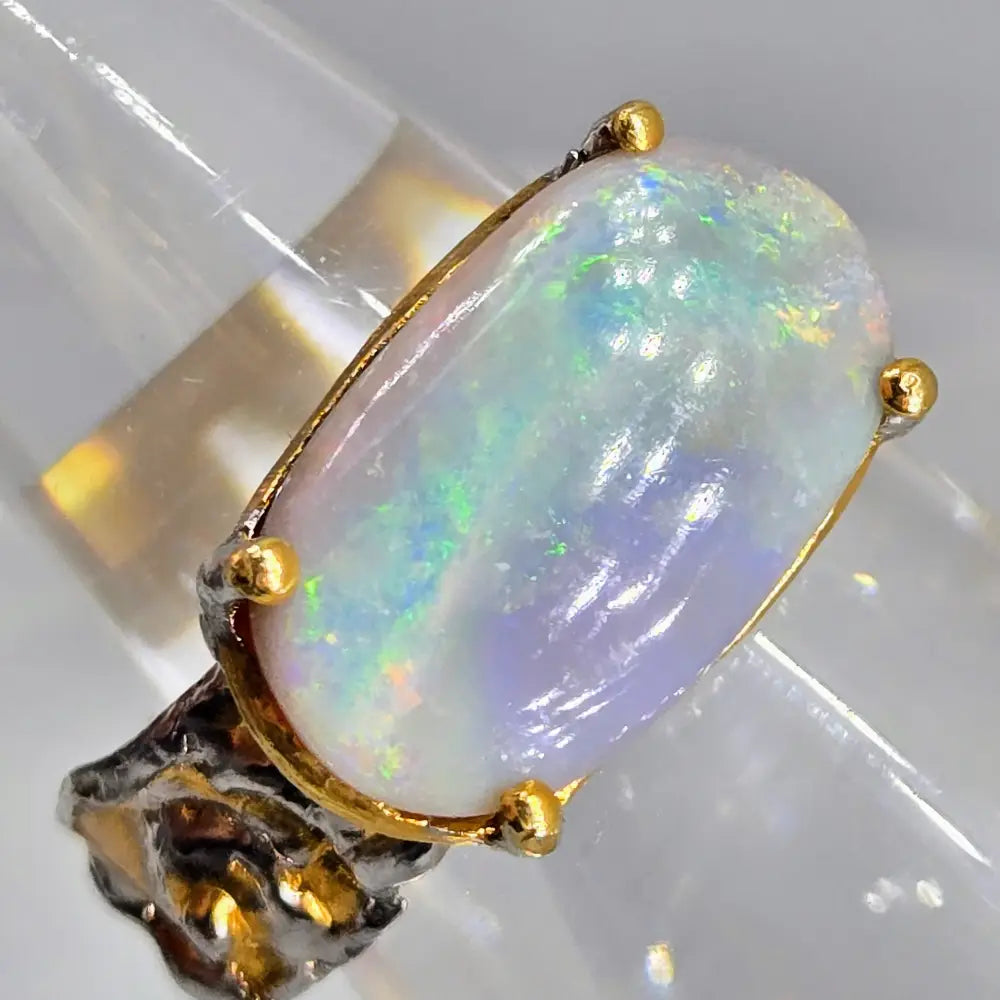 ?AUrora Borealis’ Sz 8.5 Ring - Australian Opal Sterling 18k Gold Accents