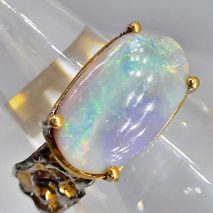 ?AUrora Borealis’ Sz 8.5 Ring - Australian Opal Sterling 18k Gold Accents