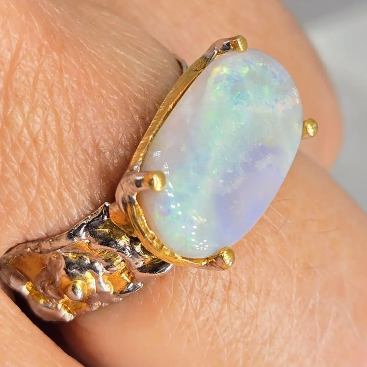 ?AUrora Borealis’ Sz 8.5 Ring - Australian Opal Sterling 18k Gold Accents