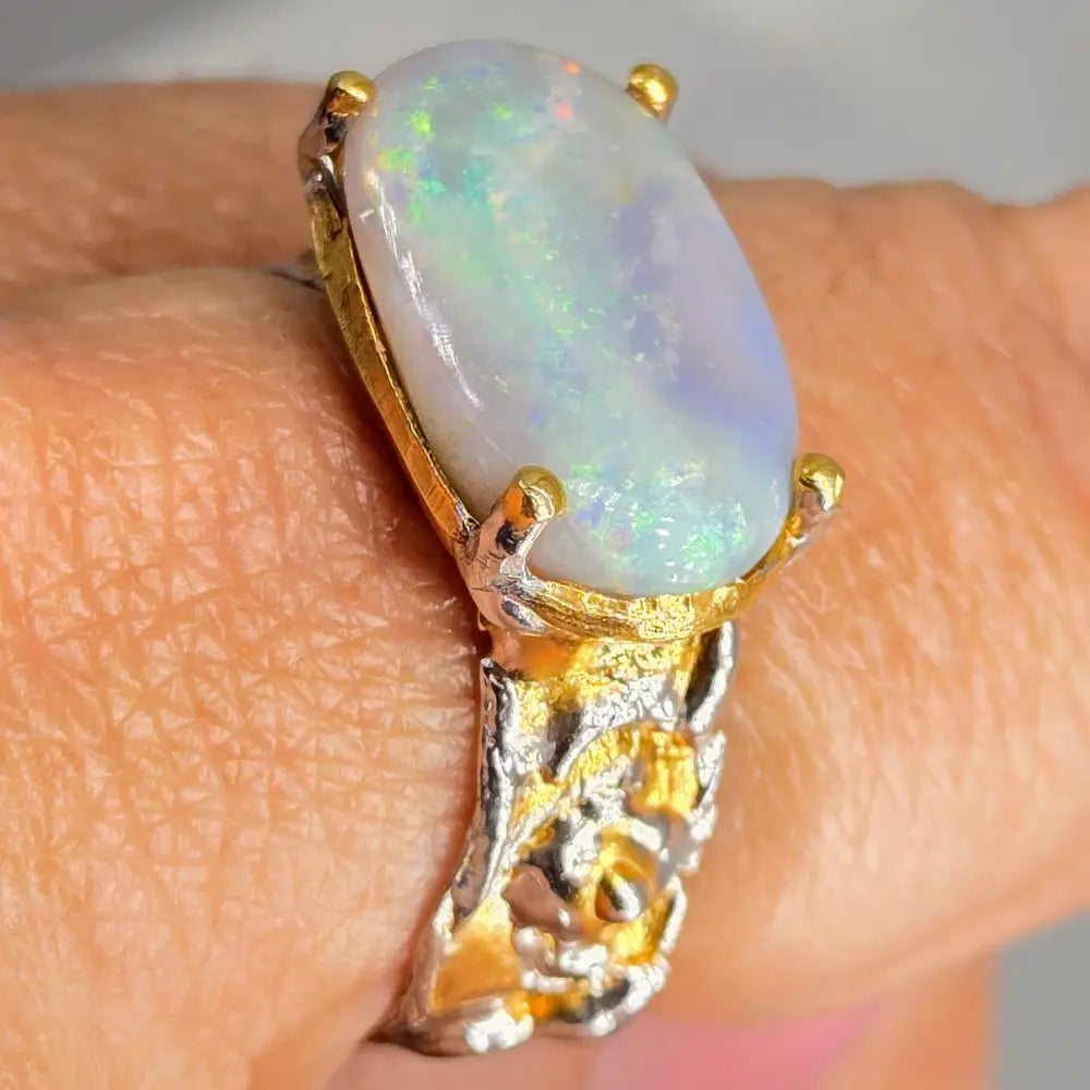 ?AUrora Borealis’ Sz 8.5 Ring - Australian Opal Sterling 18k Gold Accents