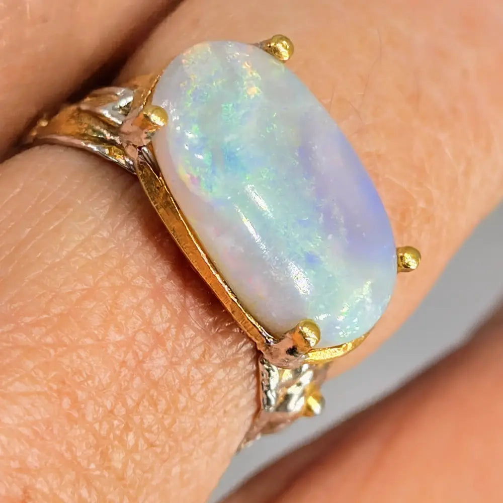 ?AUrora Borealis’ Sz 8.5 Ring - Australian Opal Sterling 18k Gold Accents