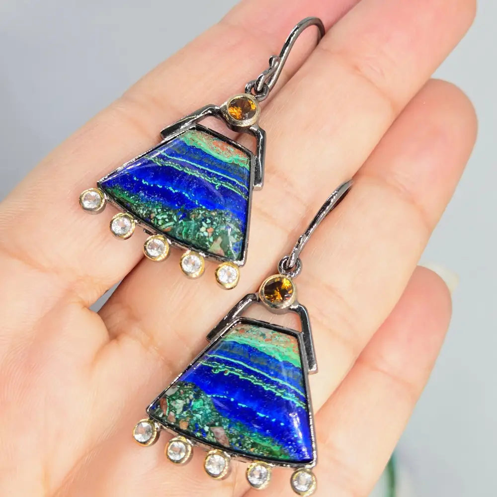 ?AZtec Sundowns’ 2’’ Earrings - Azurite Malachite Tenorite Zircon Hessonite Garnet Black Sterling 18k Accents