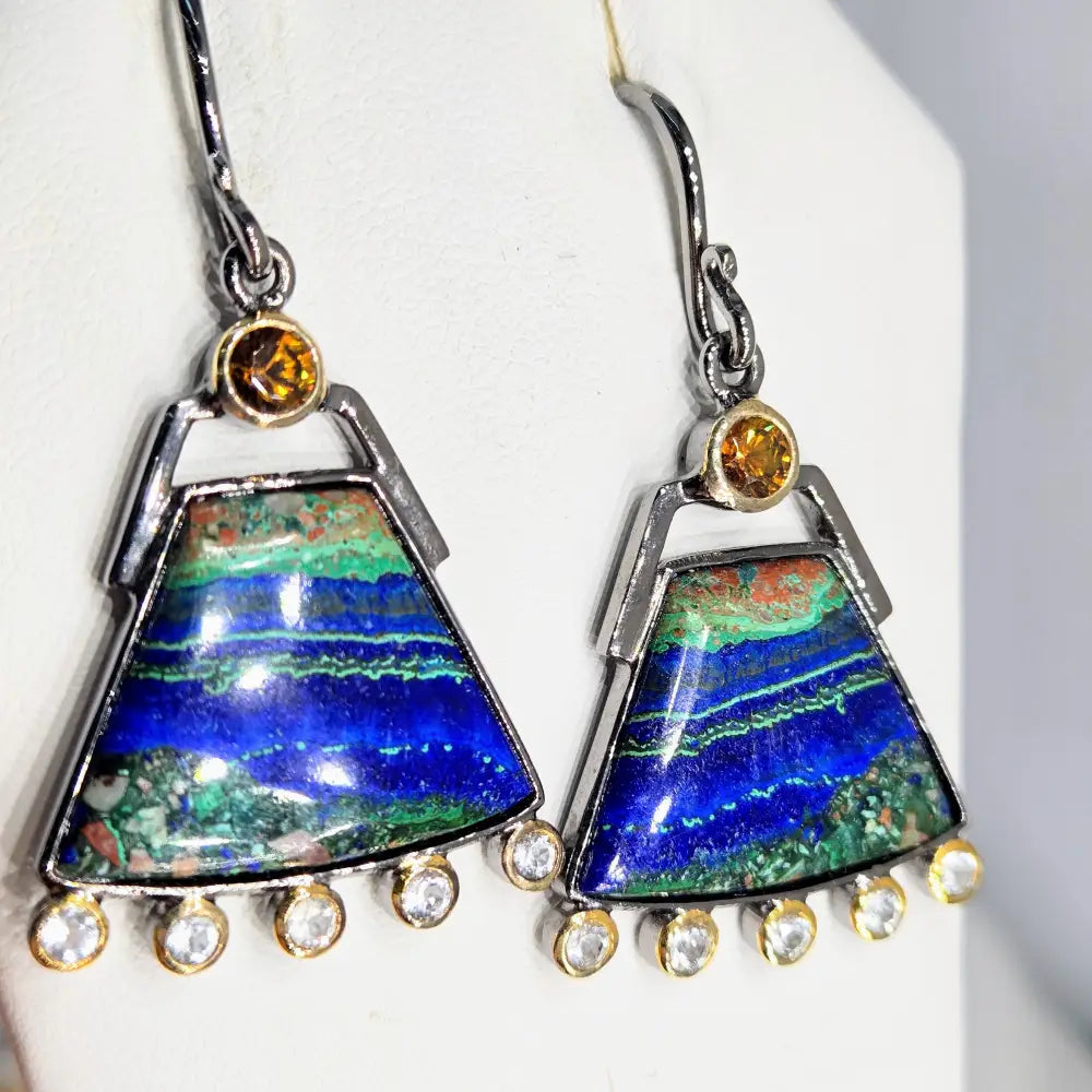 ?AZtec Sundowns’ 2’’ Earrings - Azurite Malachite Tenorite Zircon Hessonite Garnet Black Sterling 18k Accents