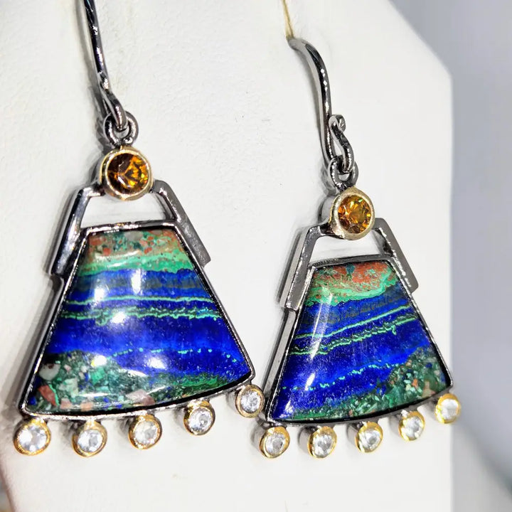 ?AZtec Sundowns’ 2’’ Earrings - Azurite Malachite Tenorite Zircon Hessonite Garnet Black Sterling 18k Accents