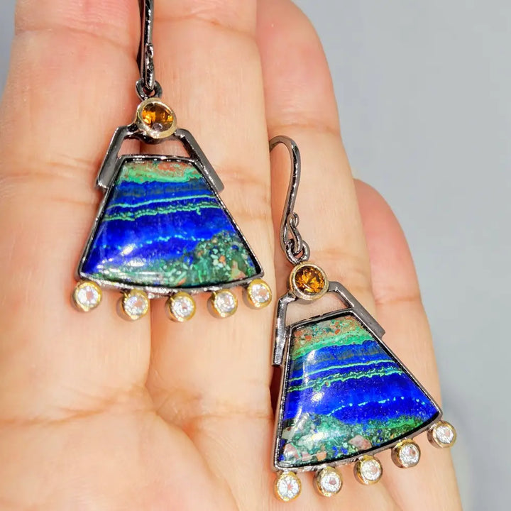 ?AZtec Sundowns’ 2’’ Earrings - Azurite Malachite Tenorite Zircon Hessonite Garnet Black Sterling 18k Accents