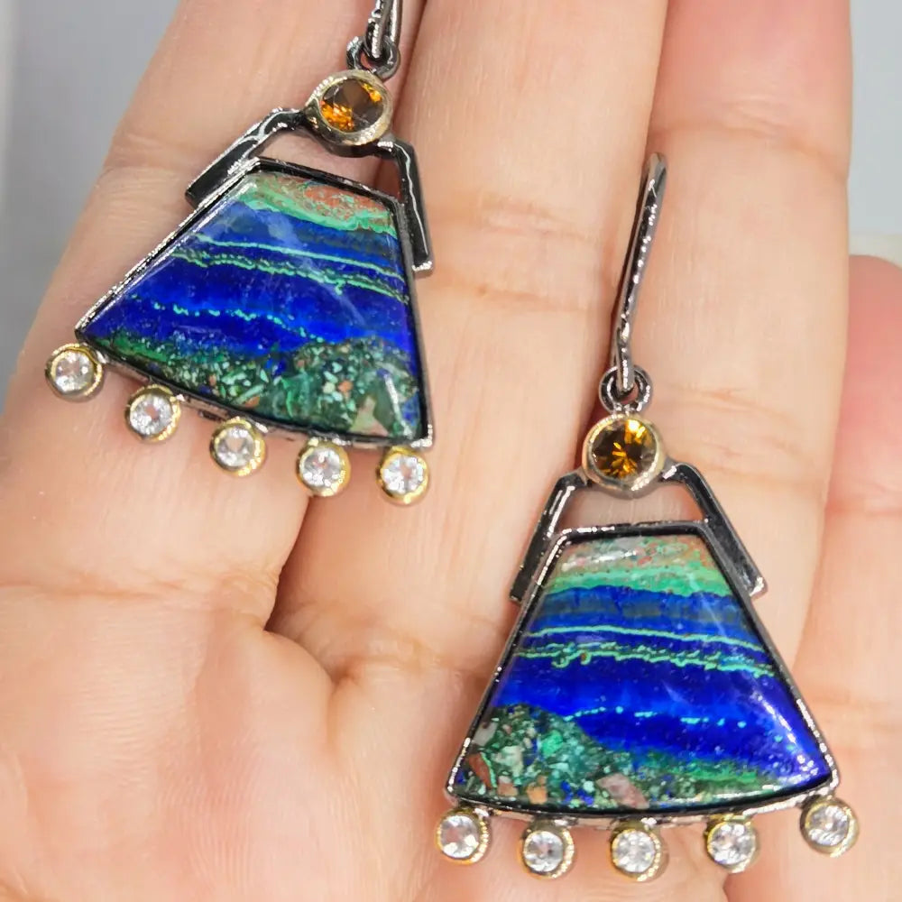 ?AZtec Sundowns’ 2’’ Earrings - Azurite Malachite Tenorite Zircon Hessonite Garnet Black Sterling 18k Accents
