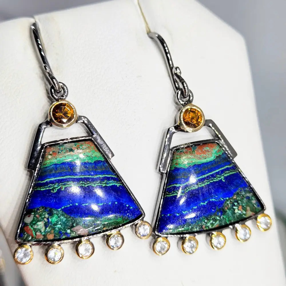 ?AZtec Sundowns’ 2’’ Earrings - Azurite Malachite Tenorite Zircon Hessonite Garnet Black Sterling 18k Accents