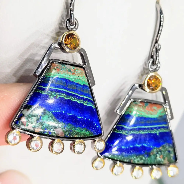?AZtec Sundowns’ 2’’ Earrings - Azurite Malachite Tenorite Zircon Hessonite Garnet Black Sterling 18k Accents