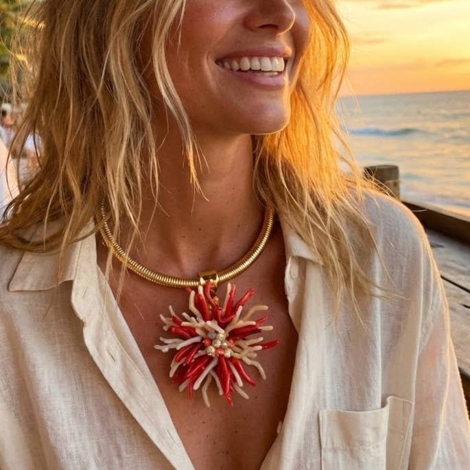 Coral Flower Collar Necklace | Handmade Statement Jewelry – view 2